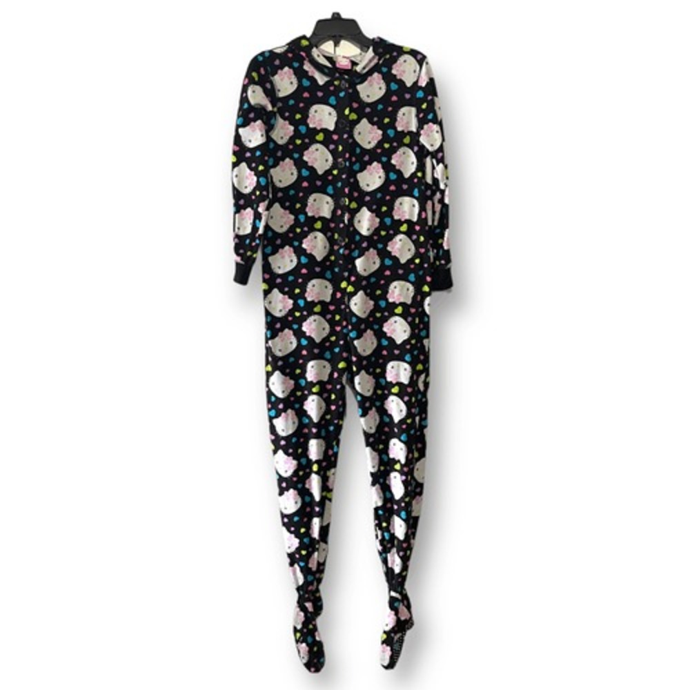 Hello Kitty Fleece Footed Pajamas‎ Sleepwear Black Pink Hearts Womens Medium 7/9